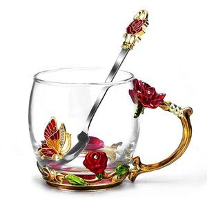 Women Mothers Day Glass Butterfly Rose Coffee Mug Gifts for Mom